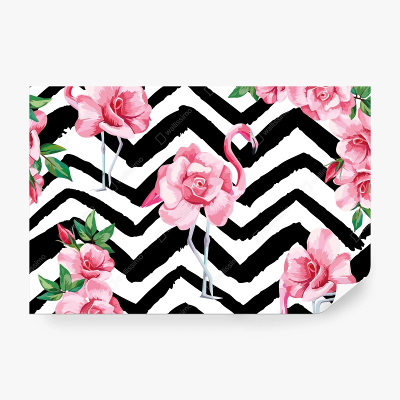 Fototapete tropisches muster mit rosa flamingo und rosen