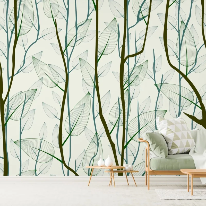 Fototapete zartes muster mit blättern und zweigen