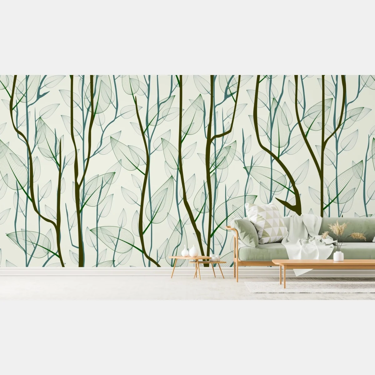 Fototapete zartes muster mit blättern und zweigen – Wallnifity®