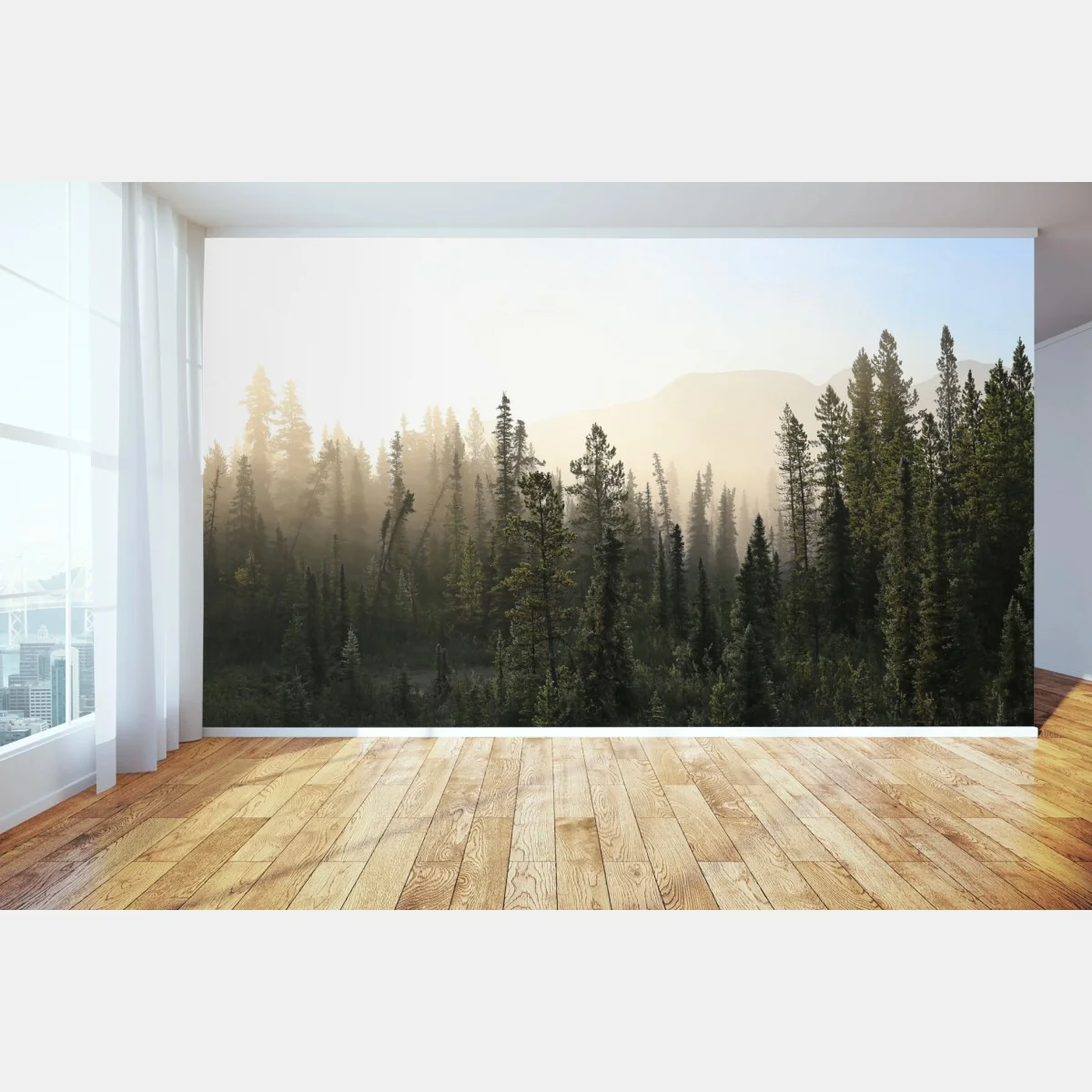 Fototapete nebliger kiefernwald bei sonnenaufgang – Wallnifity® Fototapete nebliger kiefernwald bei sonnenaufgang – Wallnifity®