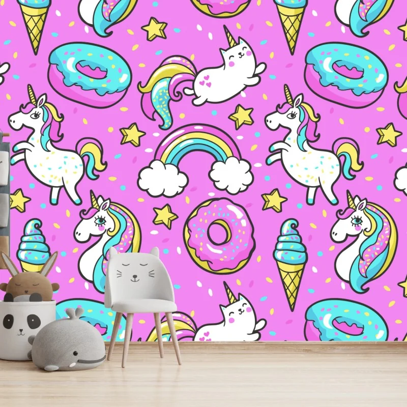 Fototapete pastell einhörner und süßigkeiten