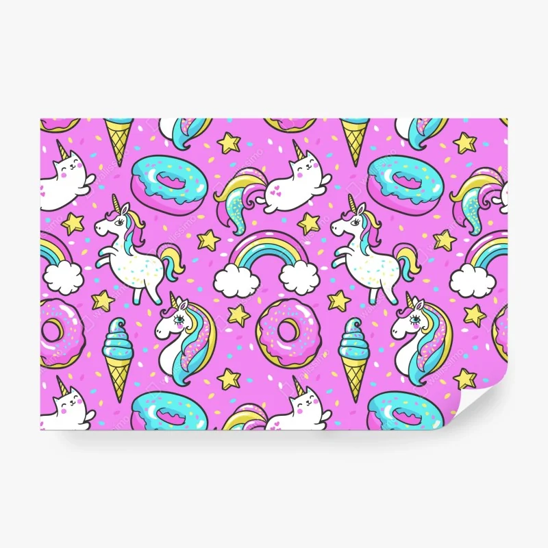 Fototapete pastell einhörner und süßigkeiten