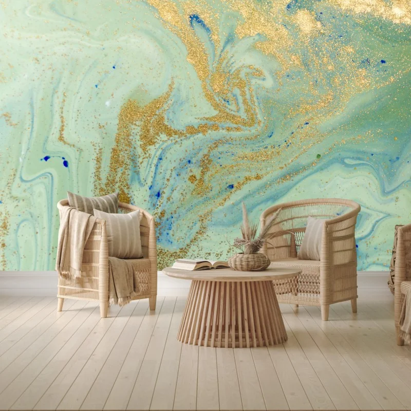 Fototapete türkiser marmor mit goldenen akzenten