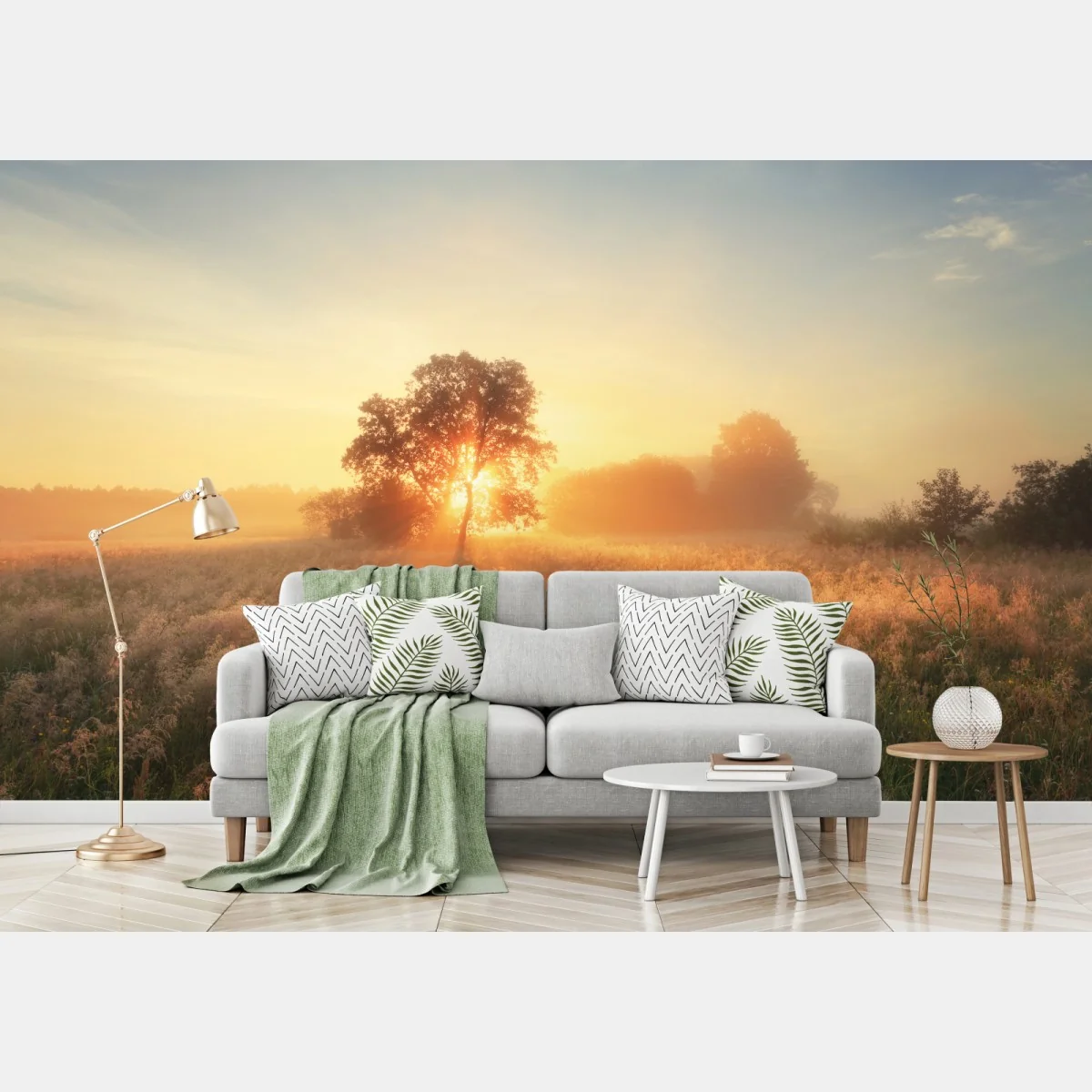 Fototapete goldener sonnenaufgang über nebliger wiese – Wallnifity® Fototapete goldener sonnenaufgang über nebliger wiese – Wallnifity®