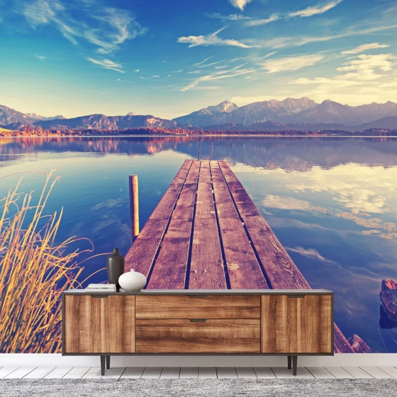 Fototapete holzsteg am bergsee bei sonnenaufgang – Wallnifity®