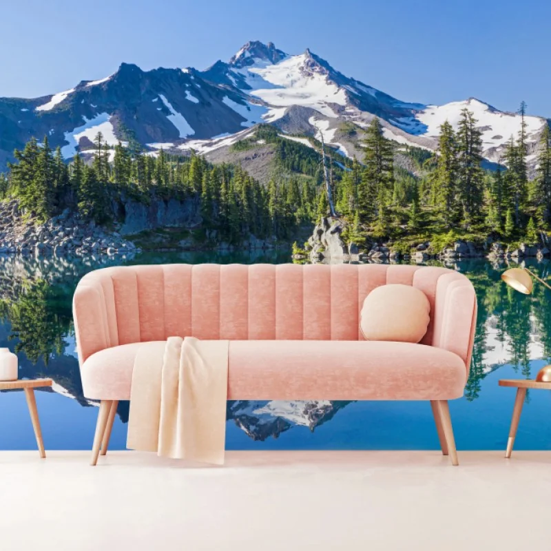 Fototapete ruhiger bergsee mit spiegelndem bergpanorama – Wallnifity®