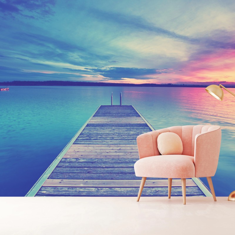 Fototapete pastellsteg am see bei sonnenuntergang