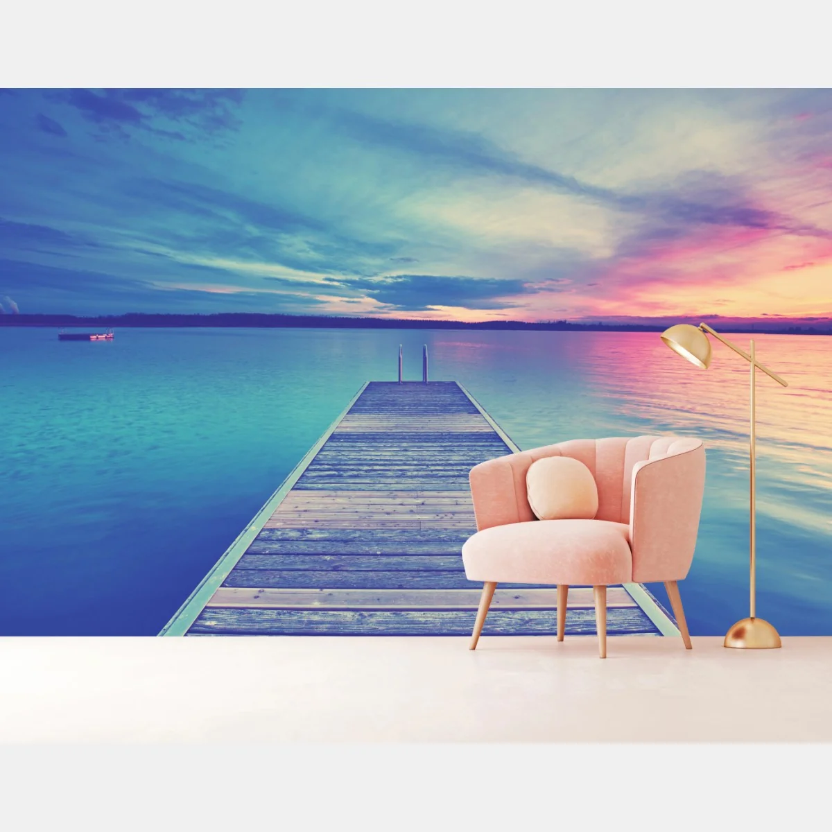 Fototapete pastellsteg am see bei sonnenuntergang – Wallnifity®