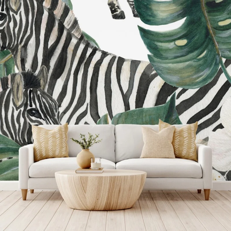 Fototapete tropisches zebramotiv mit monsterablättern – Wallnifity® Fototapete tropisches zebramotiv mit monsterablättern – Wallnifity®