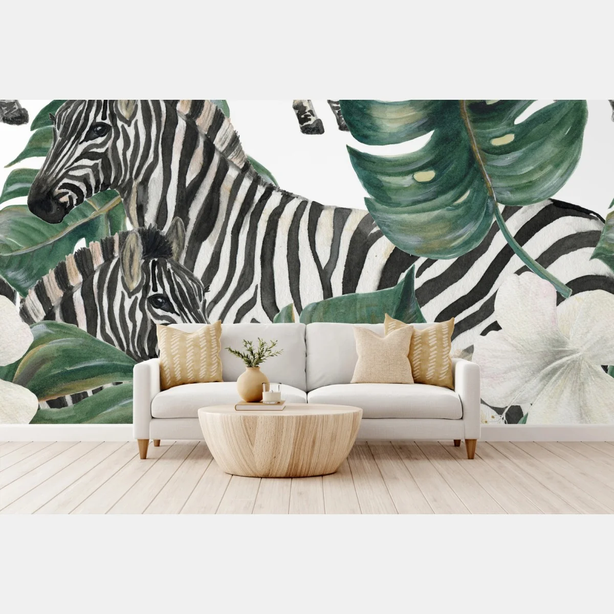 Fototapete tropisches zebramotiv mit monsterablättern – Wallnifity® Fototapete tropisches zebramotiv mit monsterablättern – Wallnifity®
