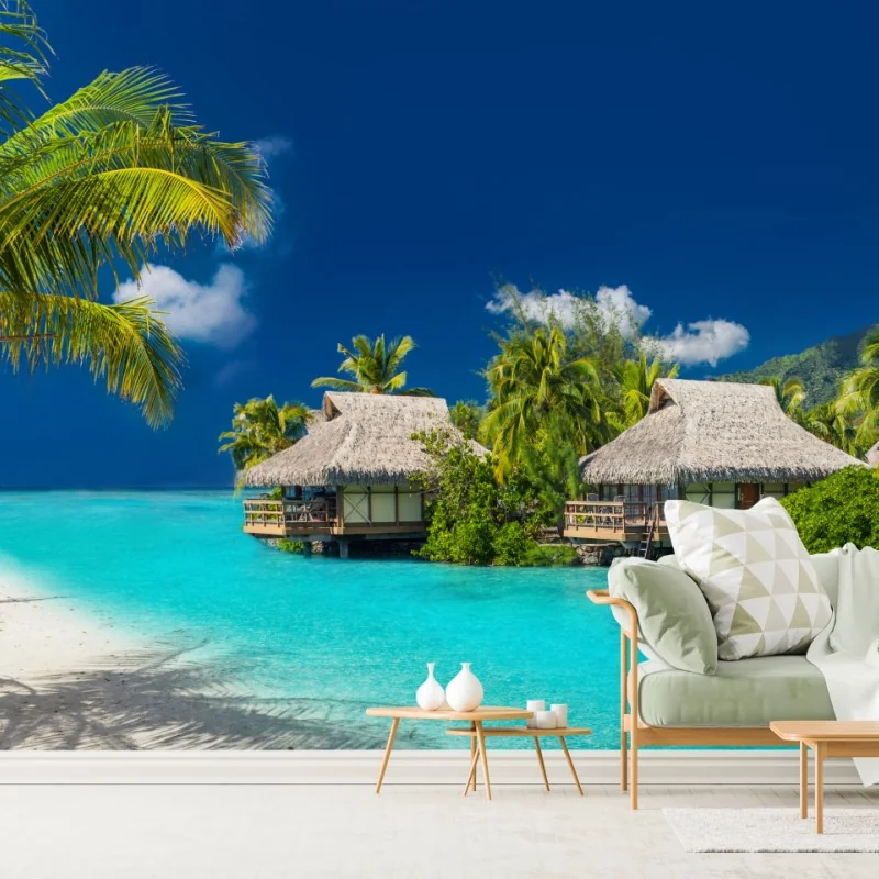 Fototapete tropische bungalows über dem wasser am türkisblauen meer