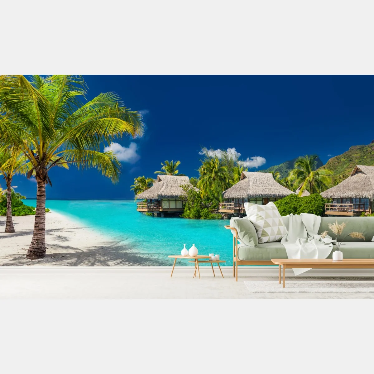 Fototapete tropische bungalows über dem wasser am türkisblauen meer – Wallnifity®