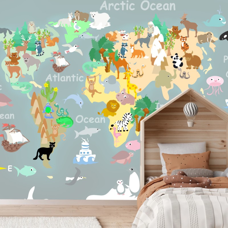 Fototapete weltkarte mit tieren