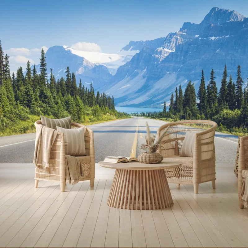 Fototapete straße durch kiefernwald zu gletschersee und bergen