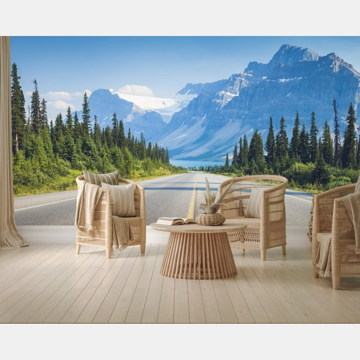 Fototapete straße durch kiefernwald zu gletschersee und bergen – Wallnifity®