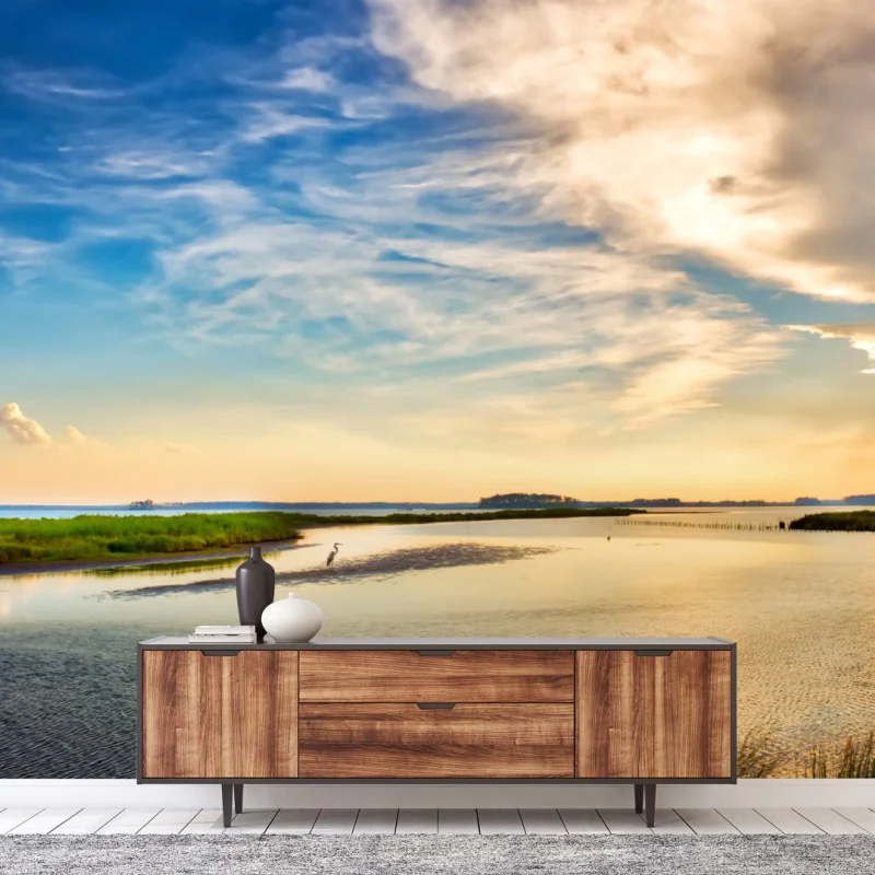 Fototapete graureiher in der Chesapeake-Bucht bei sonnenuntergang – Wallnifity®