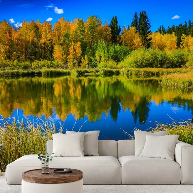 Fototapete herbstbäume spiegeln sich in einem ruhigen see – Wallnifity® Fototapete herbstbäume spiegeln sich in einem ruhigen see – Wallnifity®