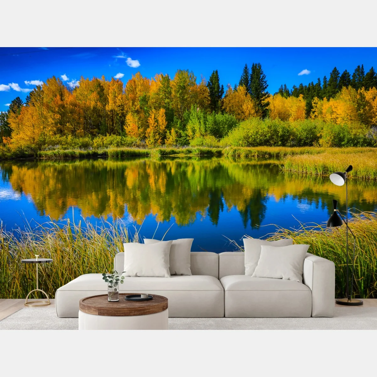 Fototapete herbstbäume spiegeln sich in einem ruhigen see – Wallnifity® Fototapete herbstbäume spiegeln sich in einem ruhigen see – Wallnifity®