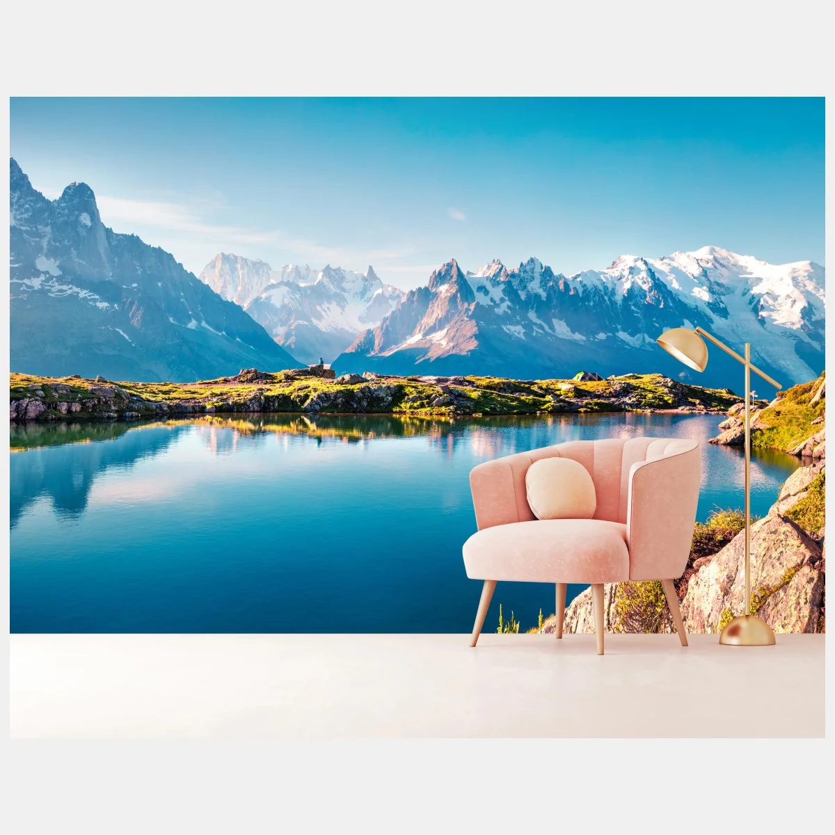 Fototapete Lac Blanc mit Blick auf Mont Blanc – Wallnifity® Fototapete Lac Blanc mit Blick auf Mont Blanc – Wallnifity®