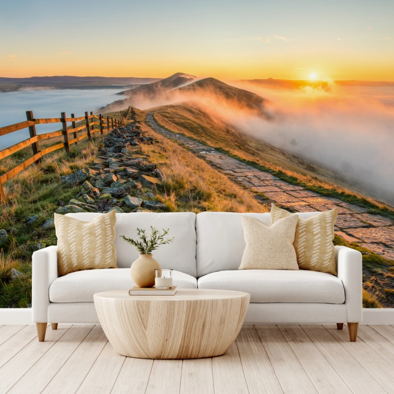 Fototapete sonnenaufgang über einem nebligen bergrücken mit steinweg – Wallnifity®