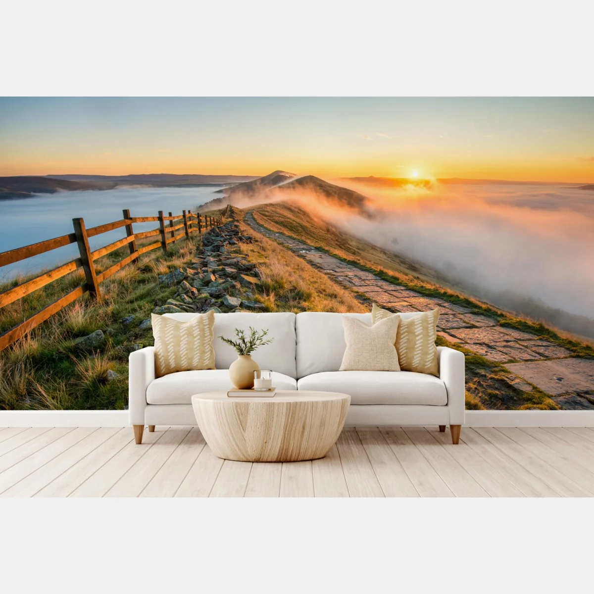 Fototapete sonnenaufgang über einem nebligen bergrücken mit steinweg – Wallnifity®