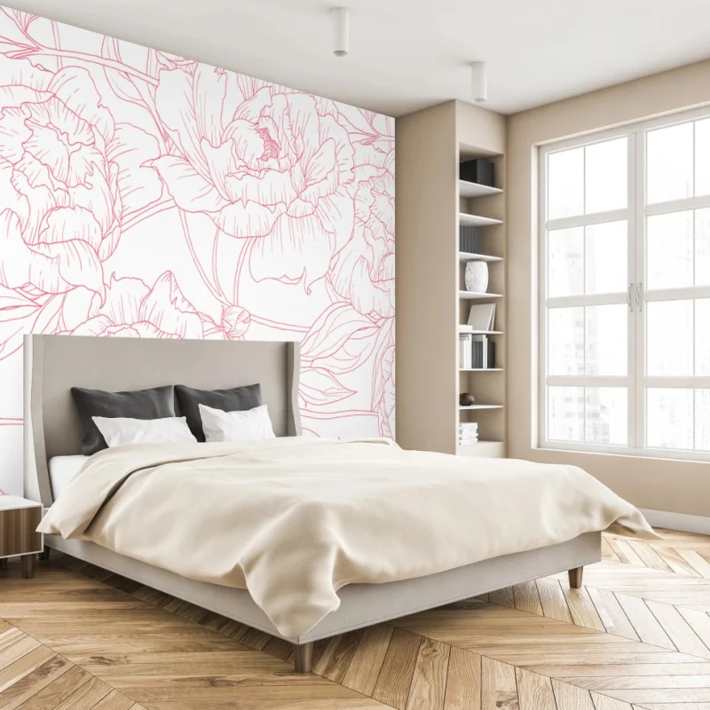 Fototapete zartes rosa paeonien-line-art-muster