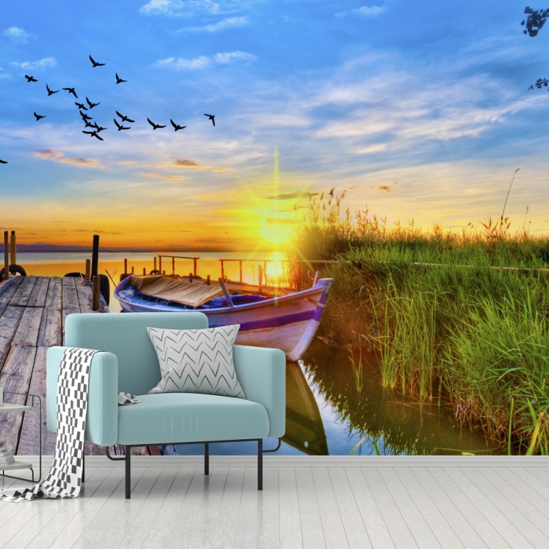 Fototapete sonnenuntergang am see mit boot am steg