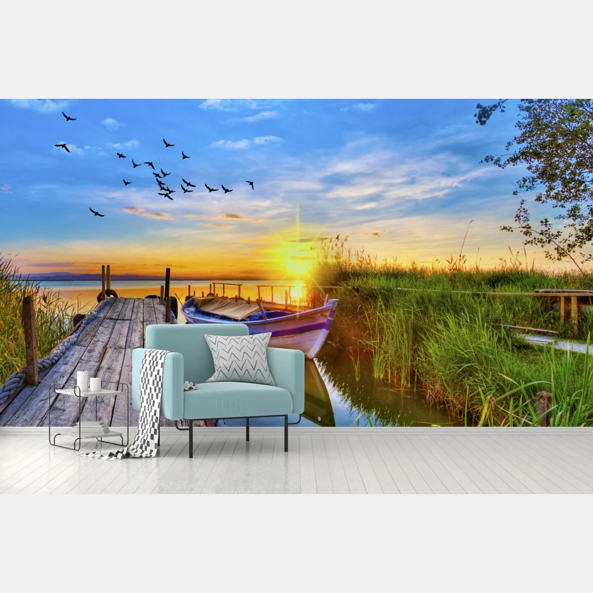 Fototapete sonnenuntergang am see mit boot am steg – Wallnifity® Fototapete sonnenuntergang am see mit boot am steg – Wallnifity®