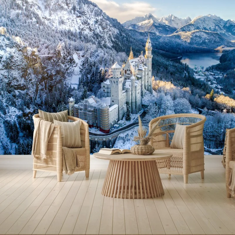 Fototapete winterliches schloss in verschneiten bergen – Wallnifity®