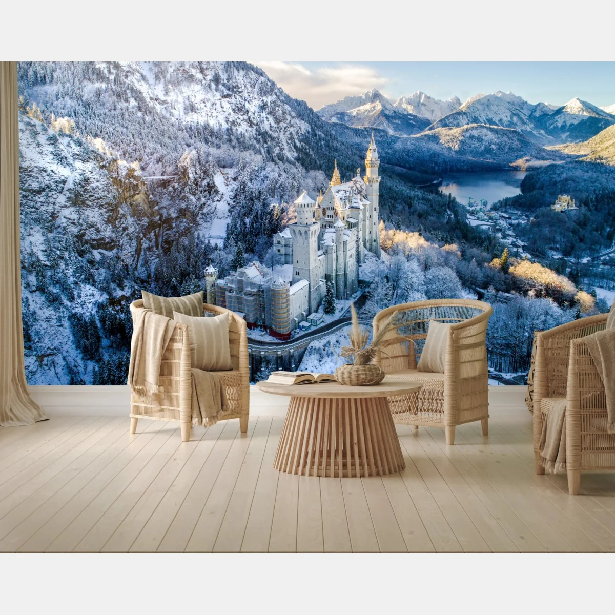 Fototapete winterliches schloss in verschneiten bergen – Wallnifity®