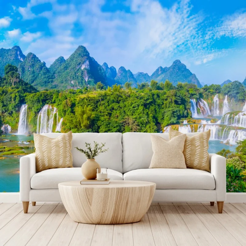 Fototapete üppige panoramaansicht eines wasserfalls mit karstbergen