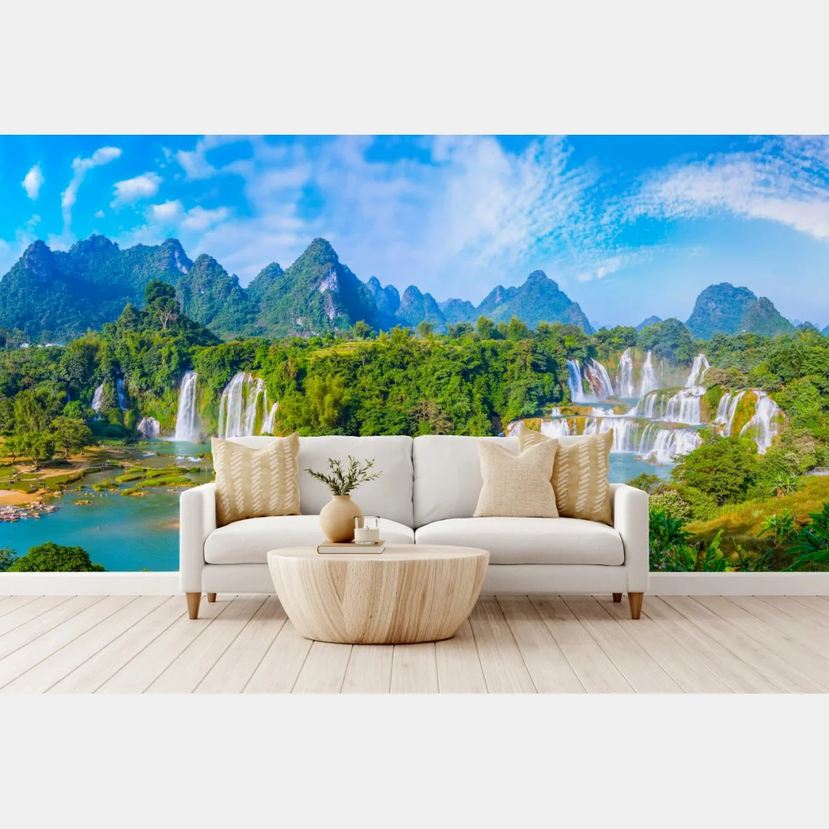 Fototapete üppige panoramaansicht eines wasserfalls mit karstbergen – Wallnifity® Fototapete üppige panoramaansicht eines wasserfalls mit karstbergen – Wallnifity®