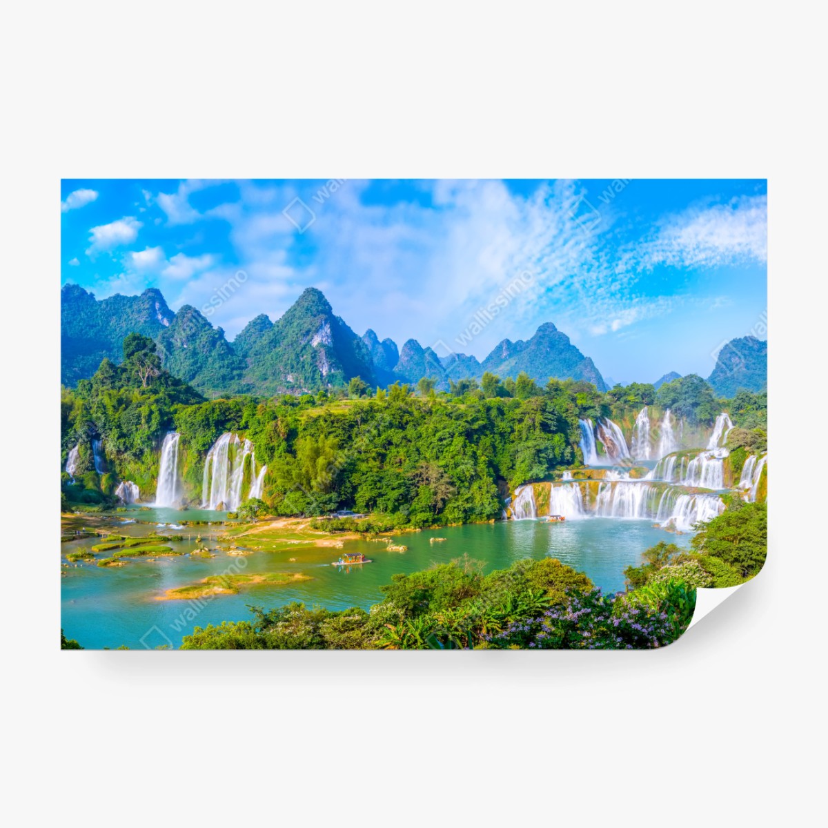 Fototapete üppige panoramaansicht eines wasserfalls mit karstbergen – Wallnifity® Fototapete üppige panoramaansicht eines wasserfalls mit karstbergen – Wallnifity®