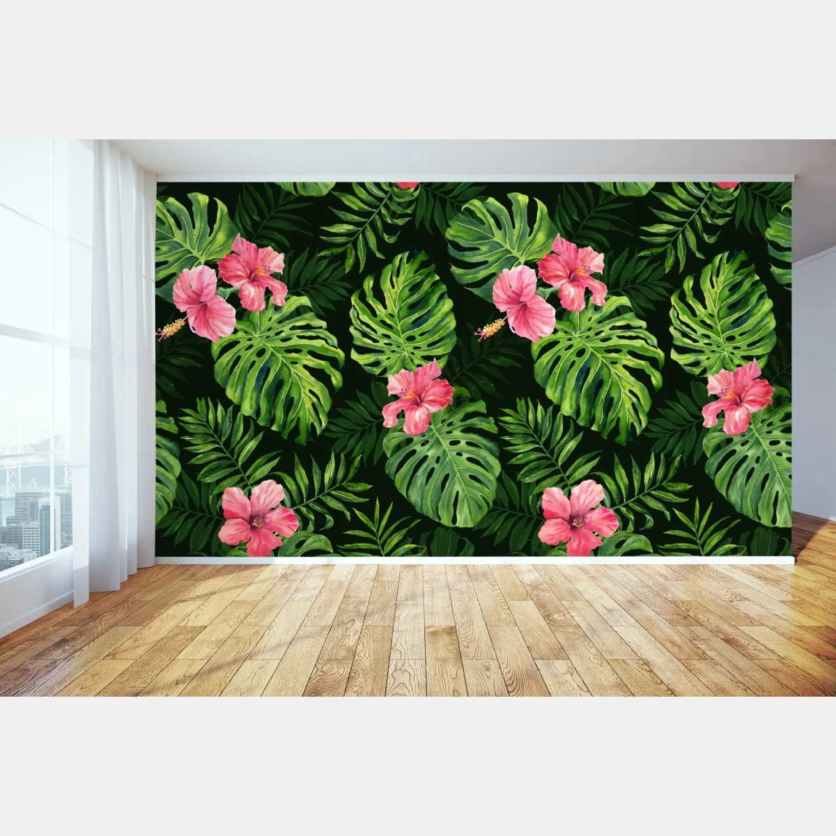 Fototapete tropisches monstera- und hibiskus-motiv – Wallnifity®