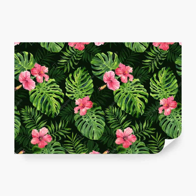 Fototapete tropisches monstera- und hibiskus-motiv