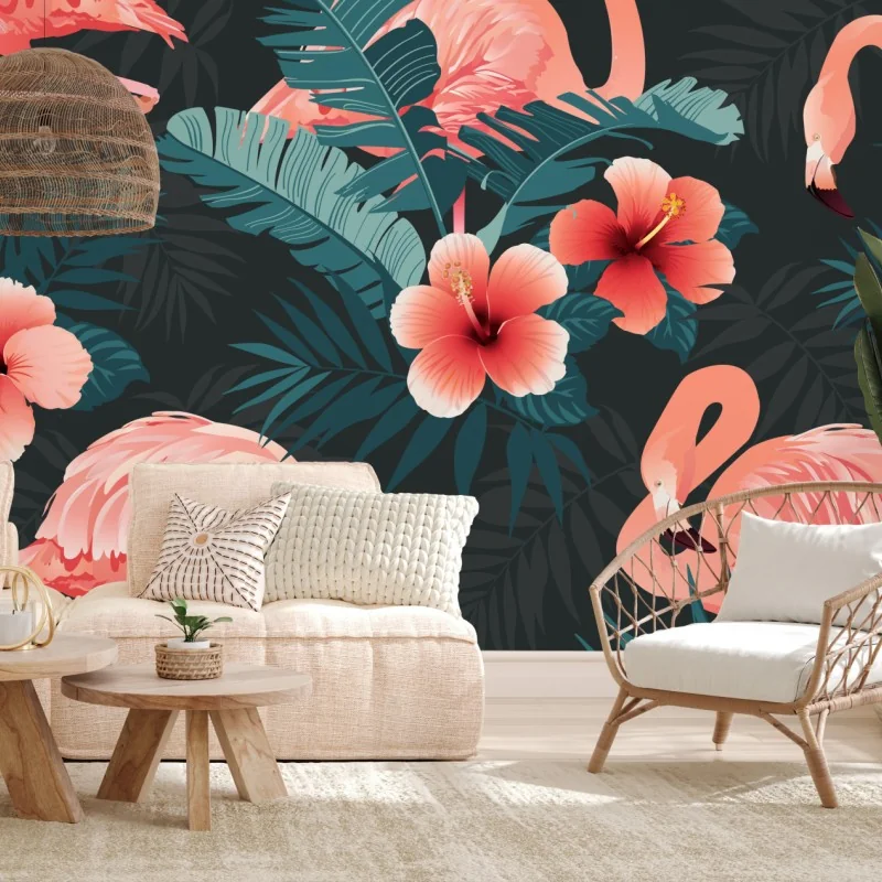 Fototapete tropisches muster mit rosa flamingos