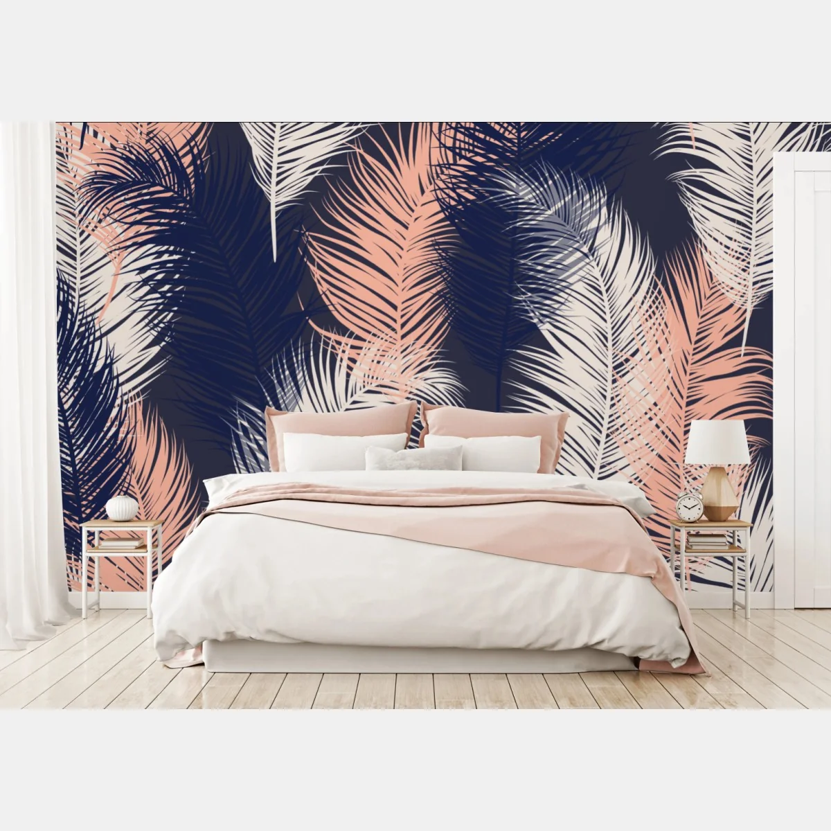 Fototapete federmuster in marineblau und rosa – Wallnifity® Fototapete federmuster in marineblau und rosa – Wallnifity®