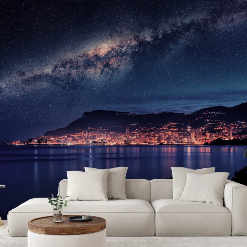 Fototapete küstenstadt unter der milchstraße