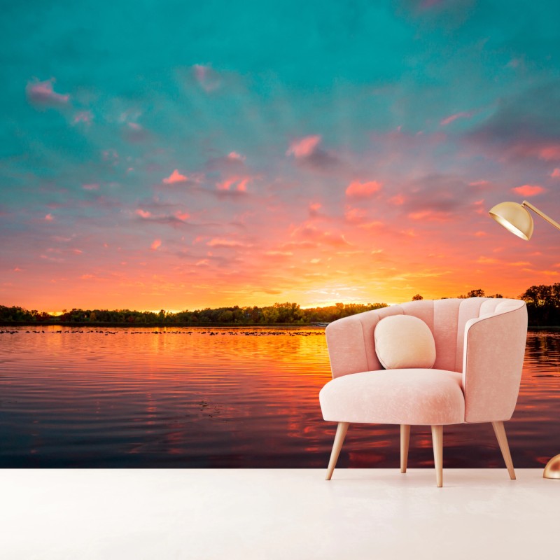 Fototapete türkisfarbener sonnenuntergang über ruhigem see – Wallnifity®