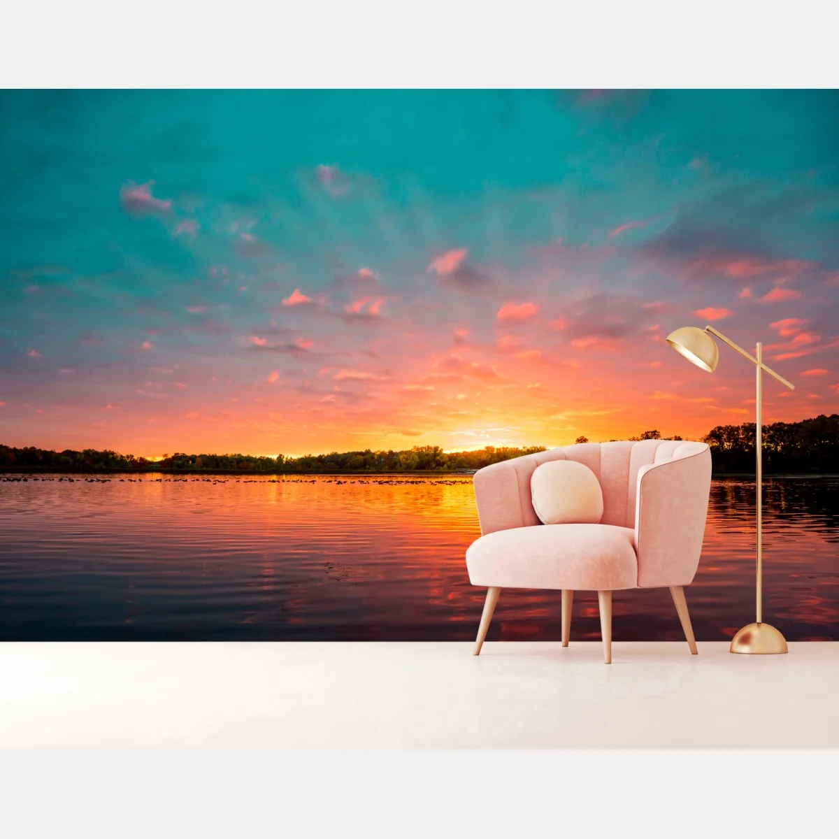 Fototapete türkisfarbener sonnenuntergang über ruhigem see – Wallnifity®