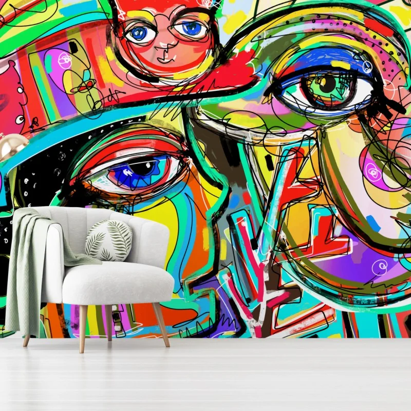 Fototapete lebendige abstrakte gesichter mit katze und vogel