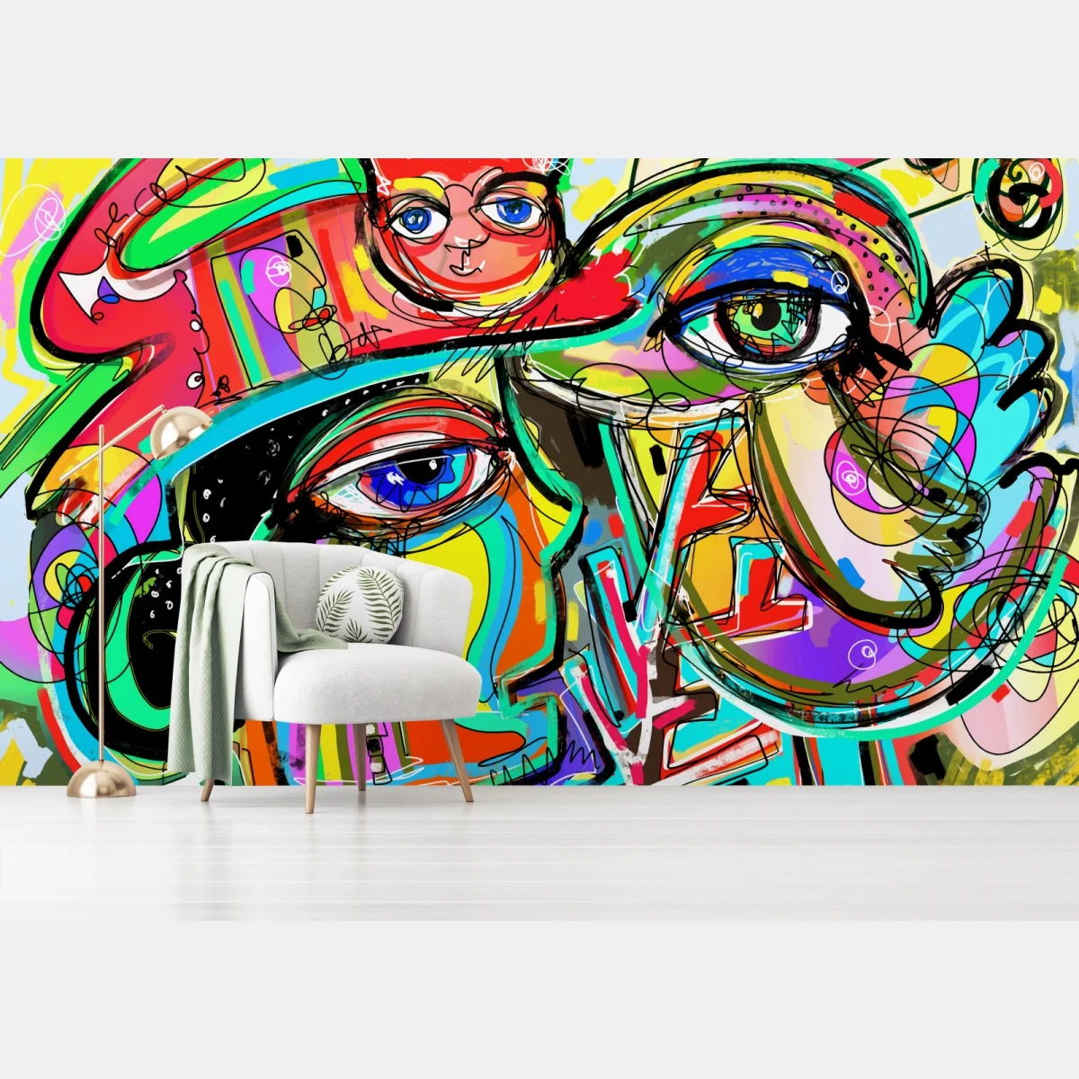 Fototapete lebendige abstrakte gesichter mit katze und vogel – Wallnifity® Fototapete lebendige abstrakte gesichter mit katze und vogel – Wallnifity®