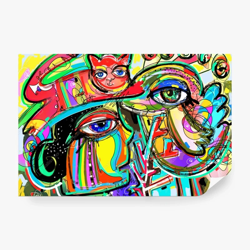 Fototapete lebendige abstrakte gesichter mit katze und vogel