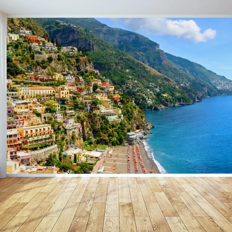 Fototapete bunte panoramaaufnahme eines küstenortes am hang – Wallnifity® Fototapete bunte panoramaaufnahme eines küstenortes am hang – Wallnifity®