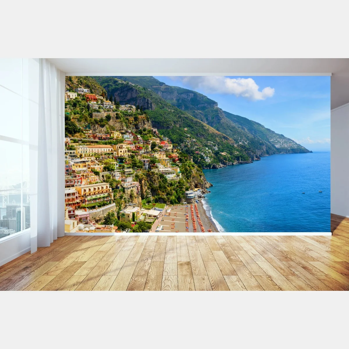 Fototapete bunte panoramaaufnahme eines küstenortes am hang – Wallnifity® Fototapete bunte panoramaaufnahme eines küstenortes am hang – Wallnifity®