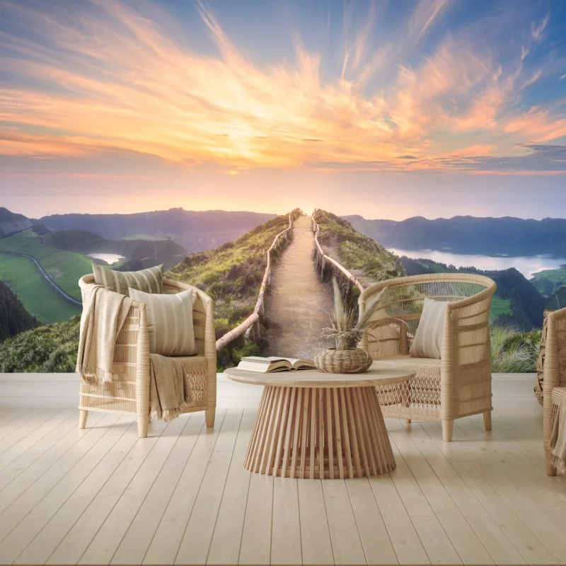 Fototapete sonnenuntergangspfad auf berggrat über see und tal – Wallnifity® Fototapete sonnenuntergangspfad auf berggrat über see und tal – Wallnifity®