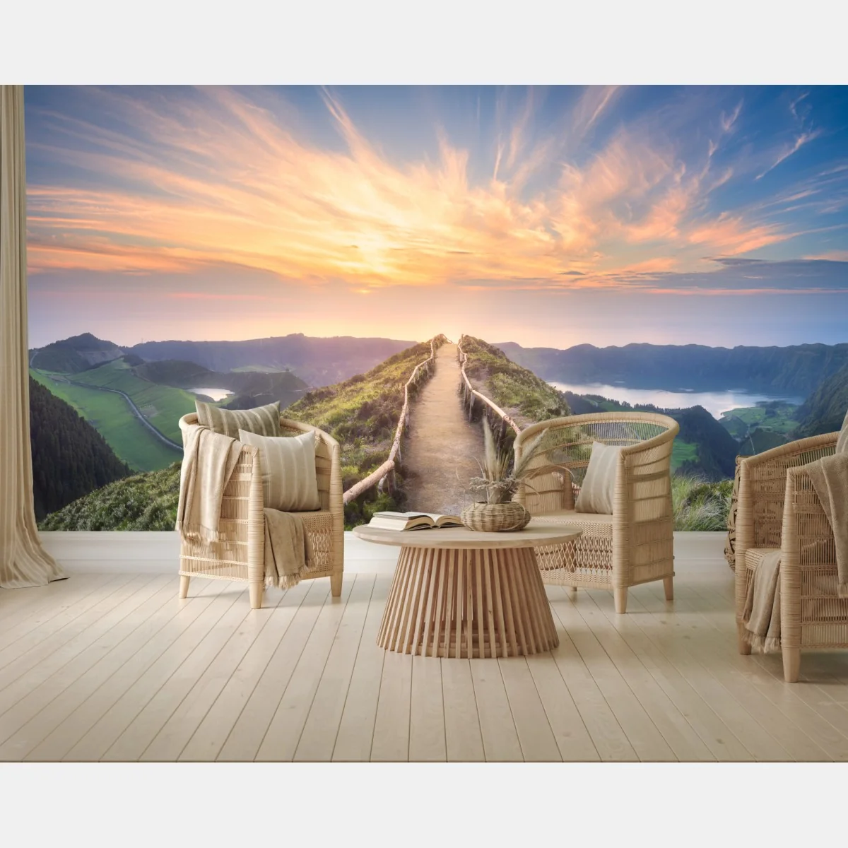 Fototapete sonnenuntergangspfad auf berggrat über see und tal – Wallnifity® Fototapete sonnenuntergangspfad auf berggrat über see und tal – Wallnifity®