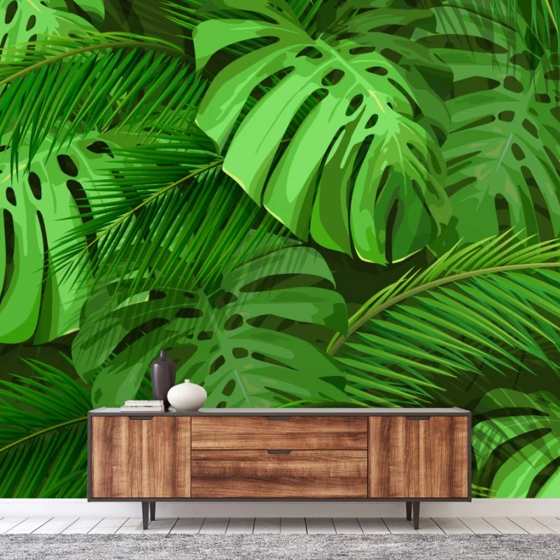 Fototapete üppige tropische monstera- und palmenblätter