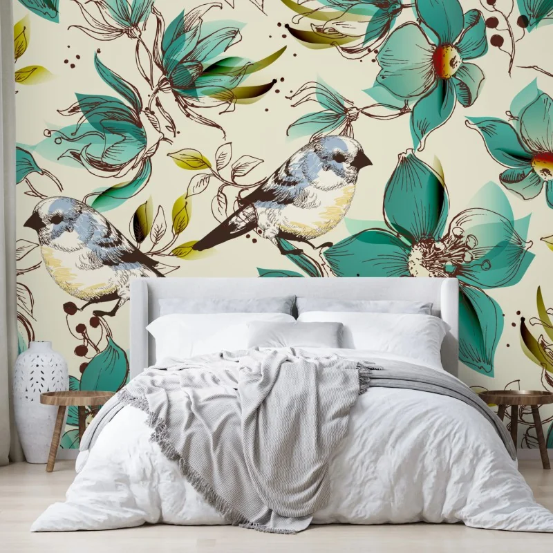 Fototapete retro türkis blumen- und vogelmuster