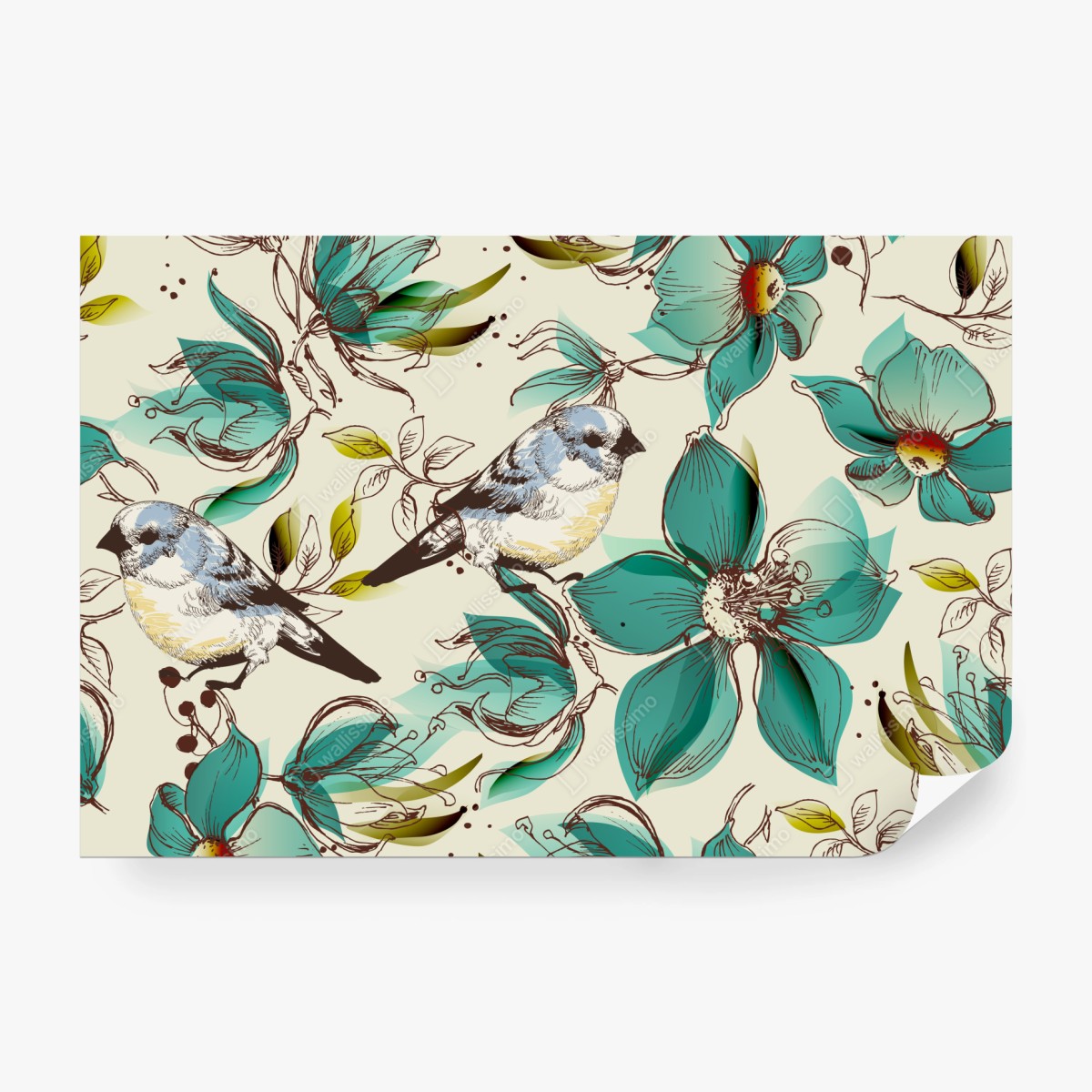 Fototapete retro türkis blumen- und vogelmuster – Wallnifity® Fototapete retro türkis blumen- und vogelmuster – Wallnifity®